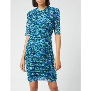 GANNI Blue Printed Mesh Mini Dress Sz 36 Bodycon Ruched Designer Chic